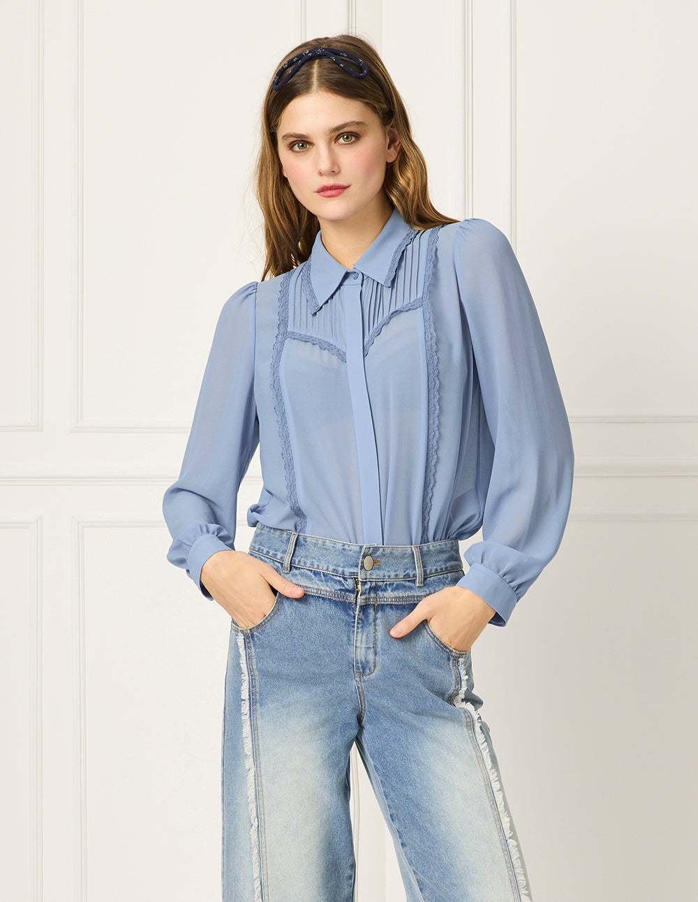 BORA AKSU Puff Sleeve Floral Trim Long-Sleeve Blouse