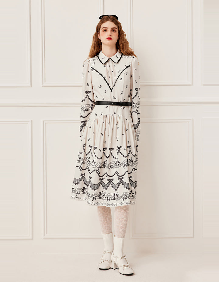 BORA AKSU Pin-Tuck Floral Print A-Line Ruffle-Trimmed Midi Shirt Dress