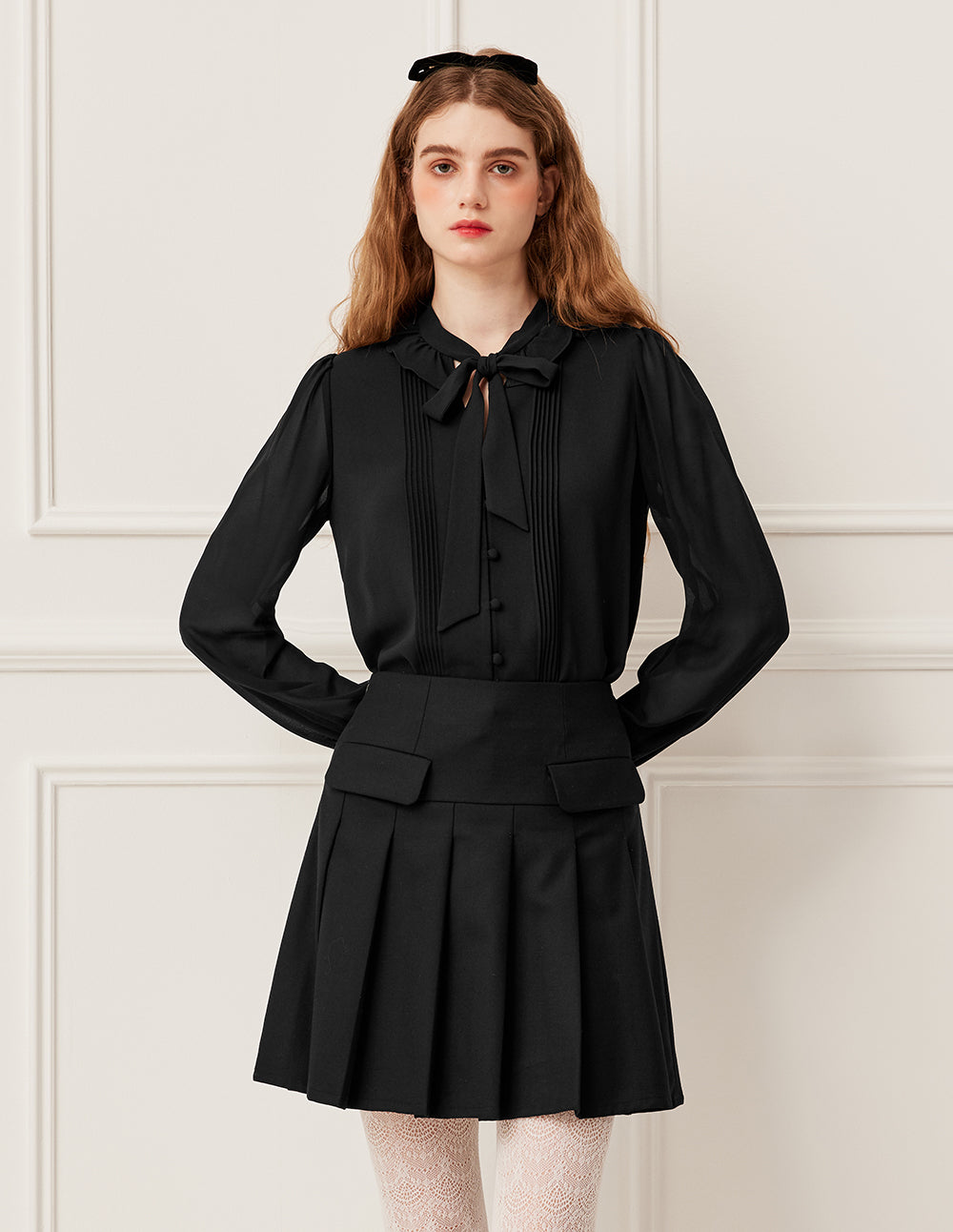 BORA AKSU Mandarin Collar Black Silk Blouse with Ruffle, Pleats And Tie Ribbon