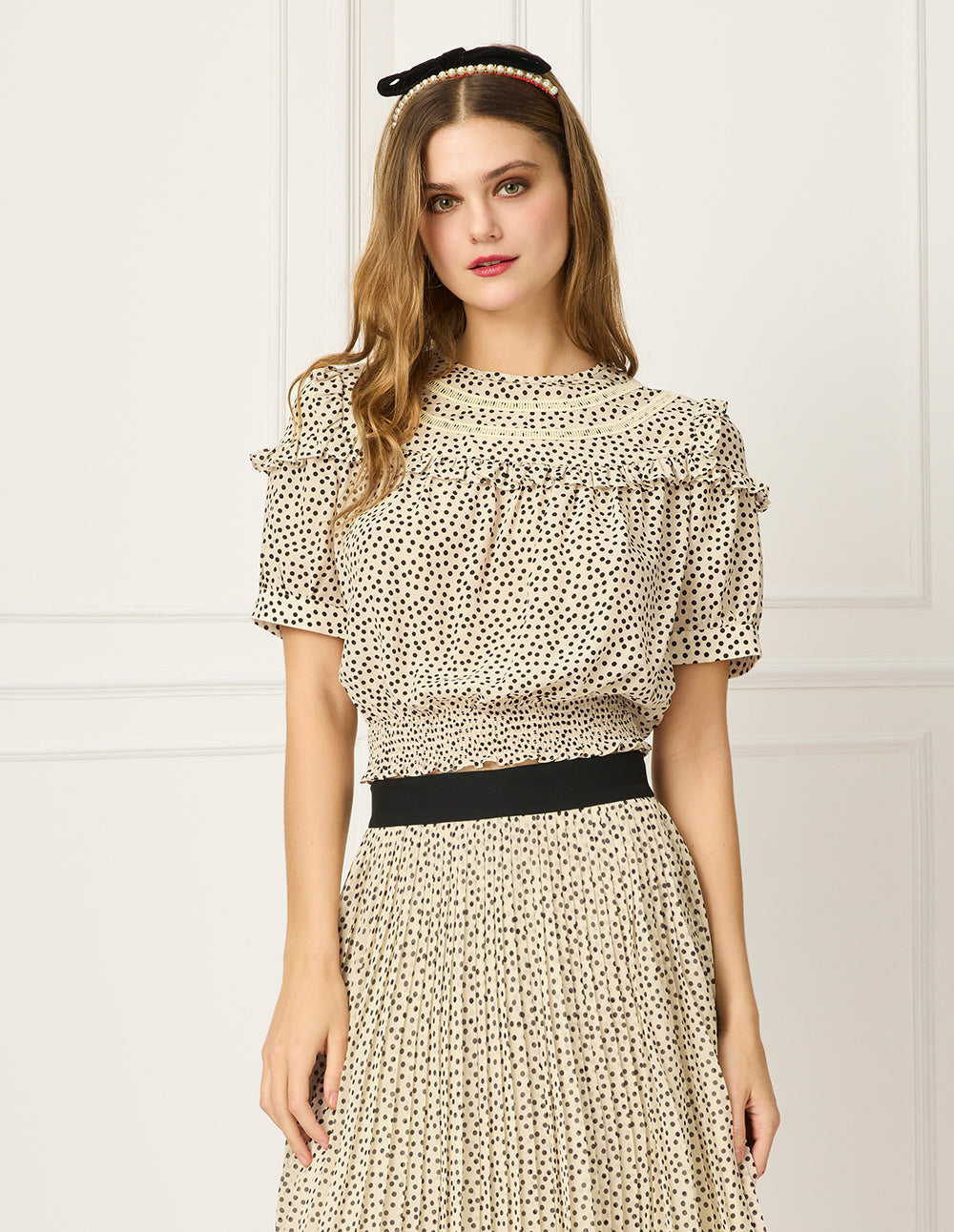 BORA AKSU Round Neck Puff Short-Sleeve Polka Dot Ruffle-Trim Top