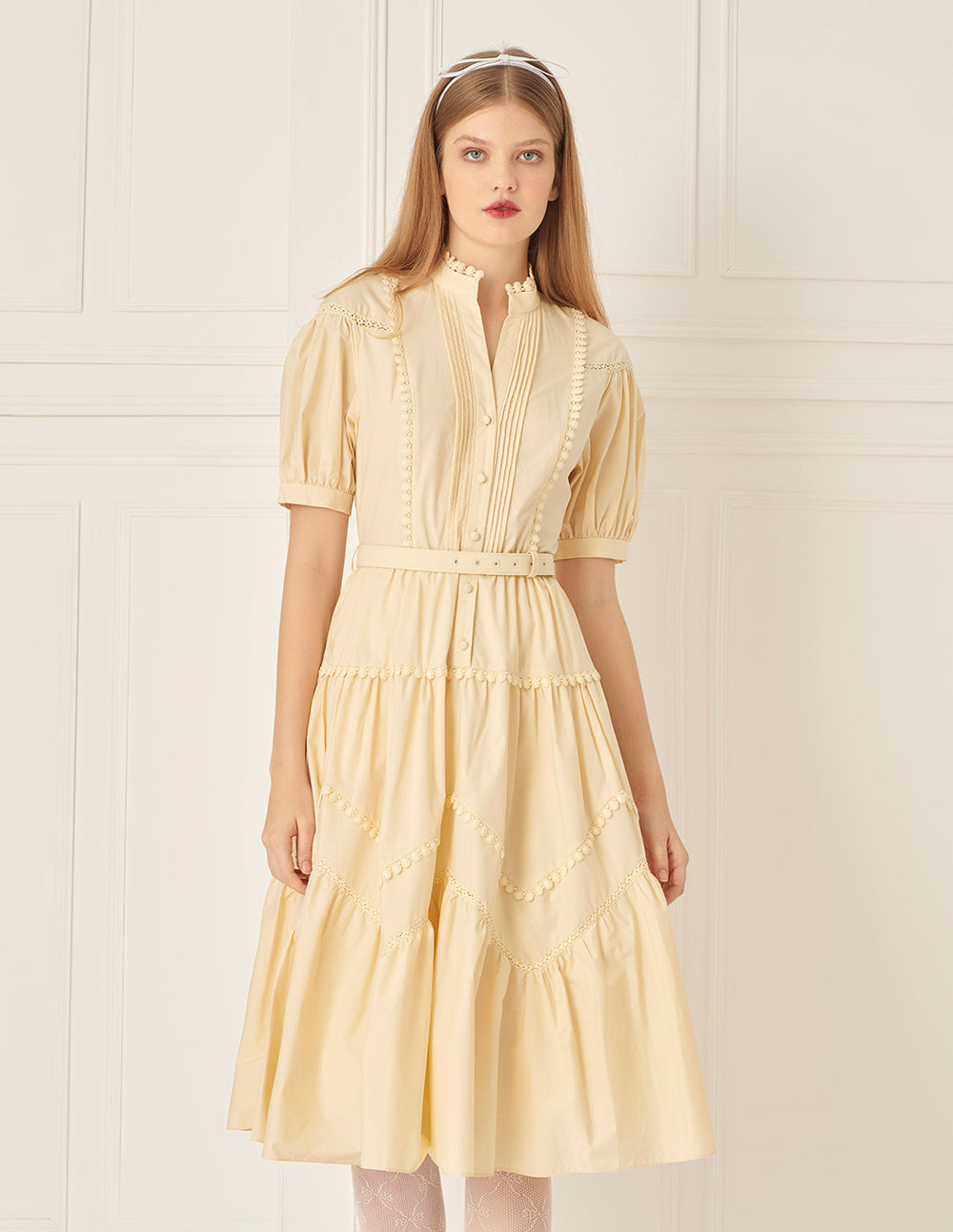 BORA AKSU Puff-Sleeve Shirt-Style Lace-Embellished Pleated Dress