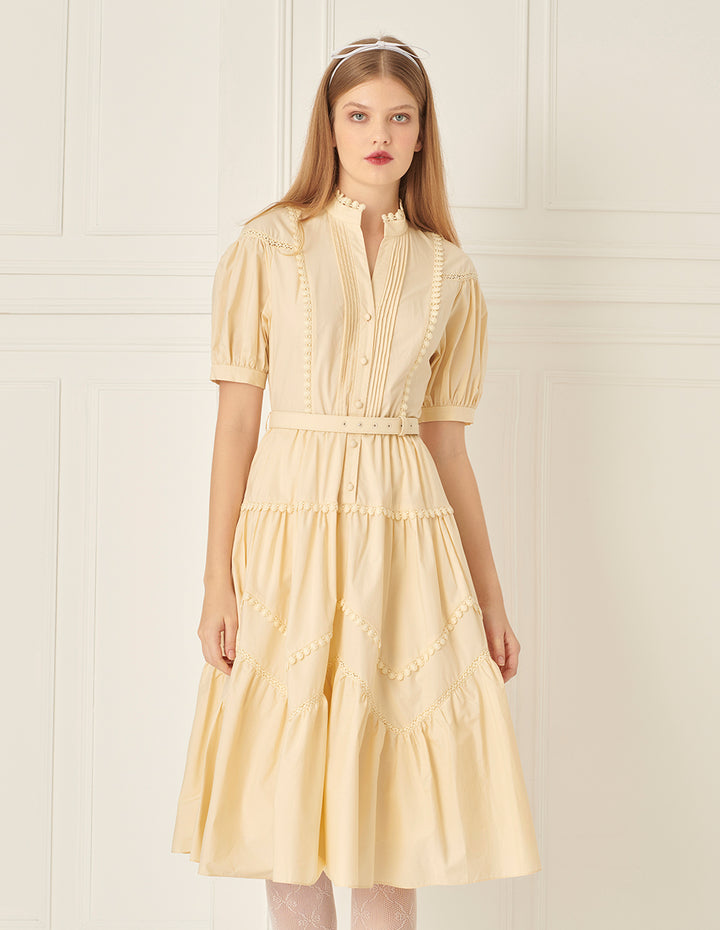 BORA AKSU Puff-Sleeve Shirt-Style Lace-Embellished Pleated Dress