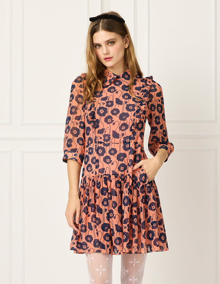 BORA AKSU Peter Pan Collar Short Bubble Sleeve Red Floral Printed Dress