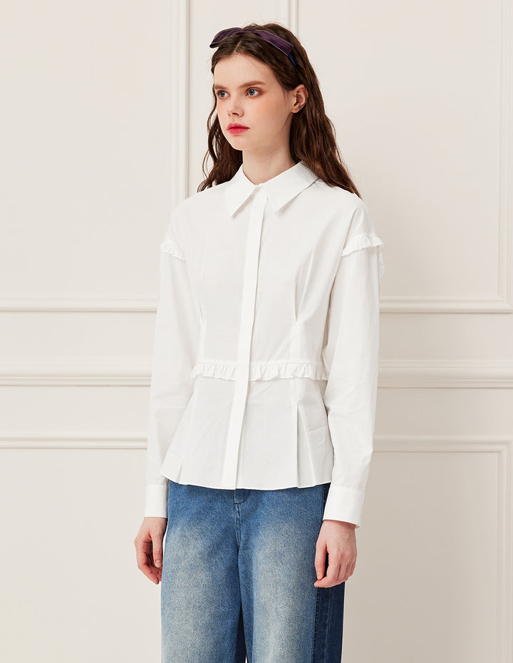 BORA AKSU Adjustable Ruffle-Trim White Cotton Long-Sleeve Blouse