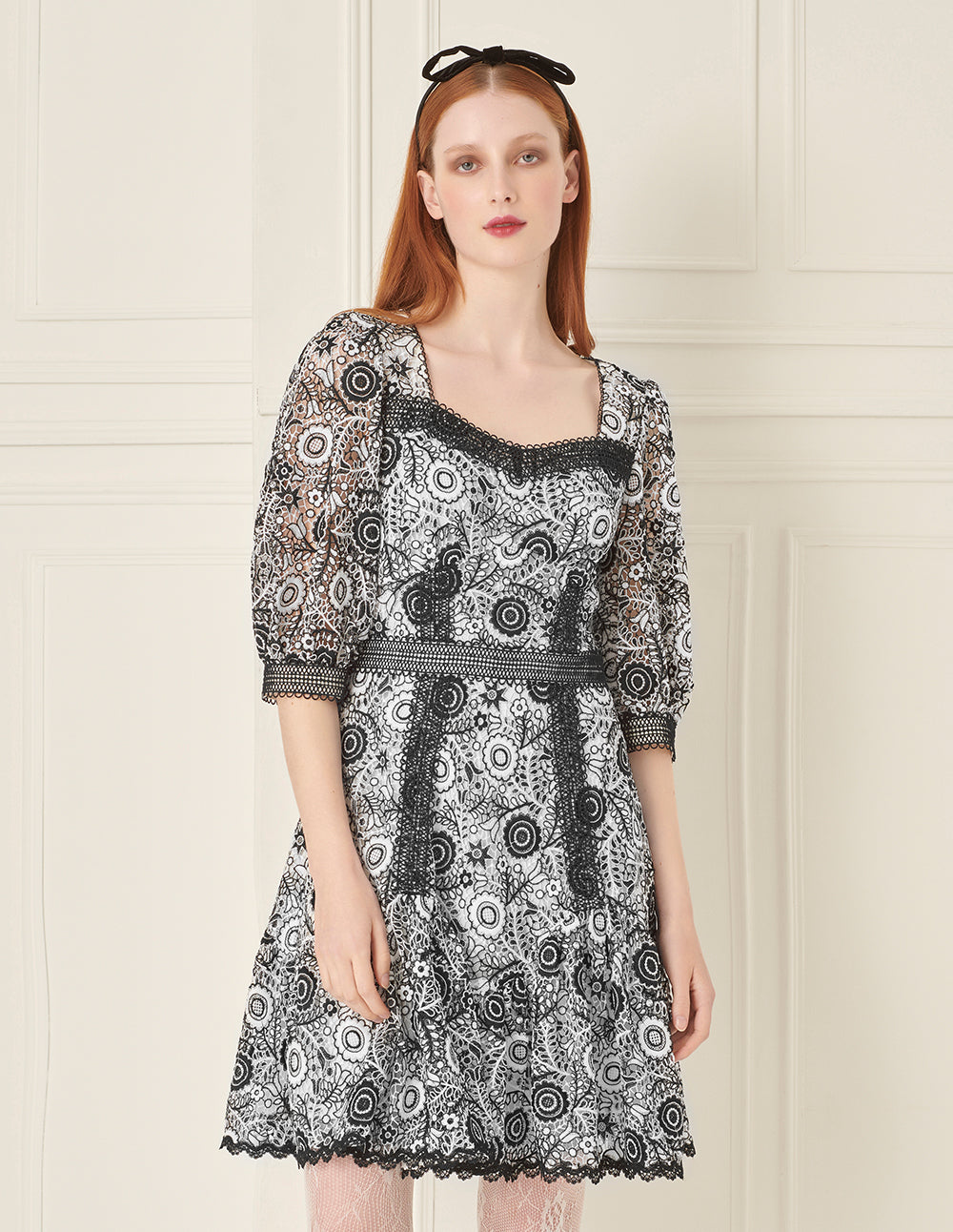 BORA AKSU Retro Puff Sleeve Diamond Collar Black And White Lace Dress