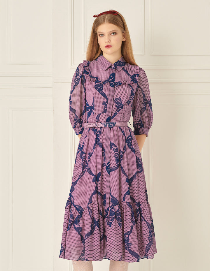 BORA AKSU Retro Puff Sleeve Ruffle Skirt Printed Dress