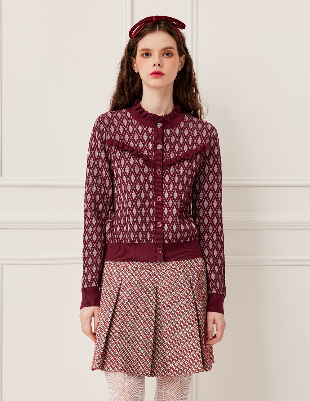 BORA AKSU Ruffled Turtleneck Diamond Pattern Wool Knit Cardigan