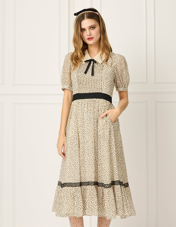 BORA AKSU Lapel Puff Short Sleeve Polka Dot Print Pleated Midi Dress