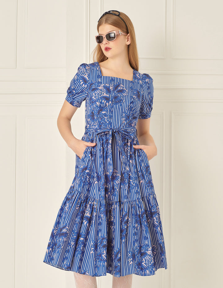 BORA AKSU Square Neck Belt Pleated Tropical Print Dress