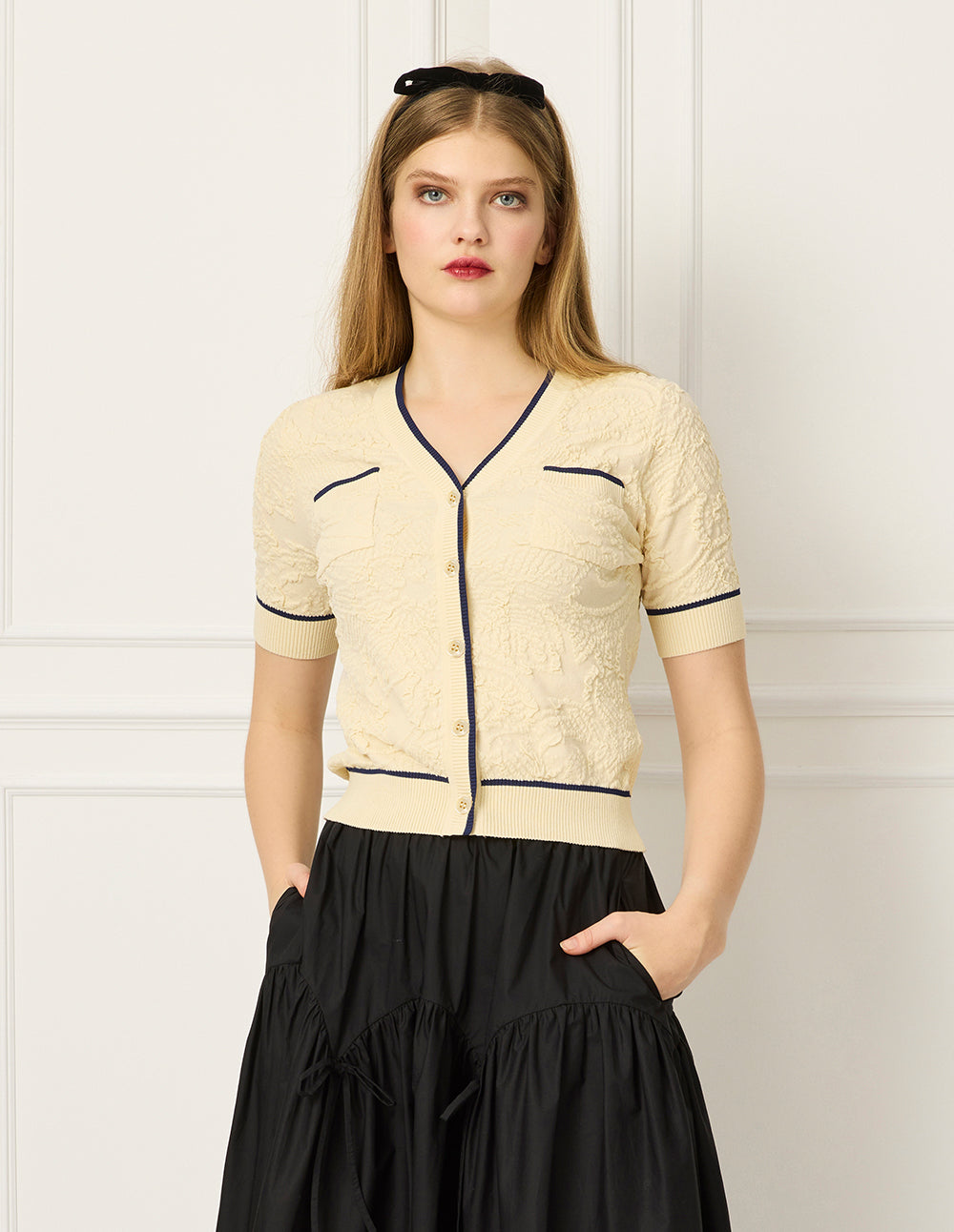 BORA AKSU V-Neck Short-Sleeve Striped-Trim Floral Embroidered Knit Cardigan