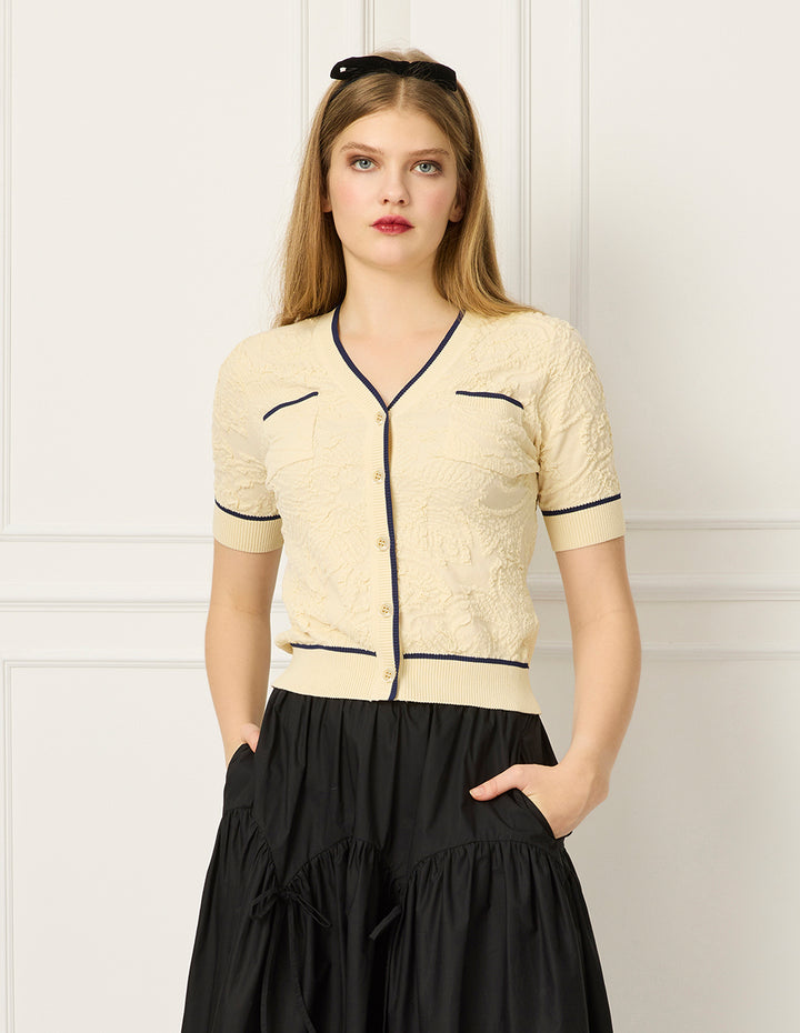 BORA AKSU V-Neck Short-Sleeve Striped-Trim Floral Embroidered Knit Cardigan