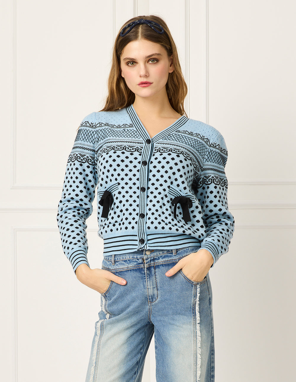 BORA AKSU Polka Dot V-Neck Jacquard Wool Cardigan