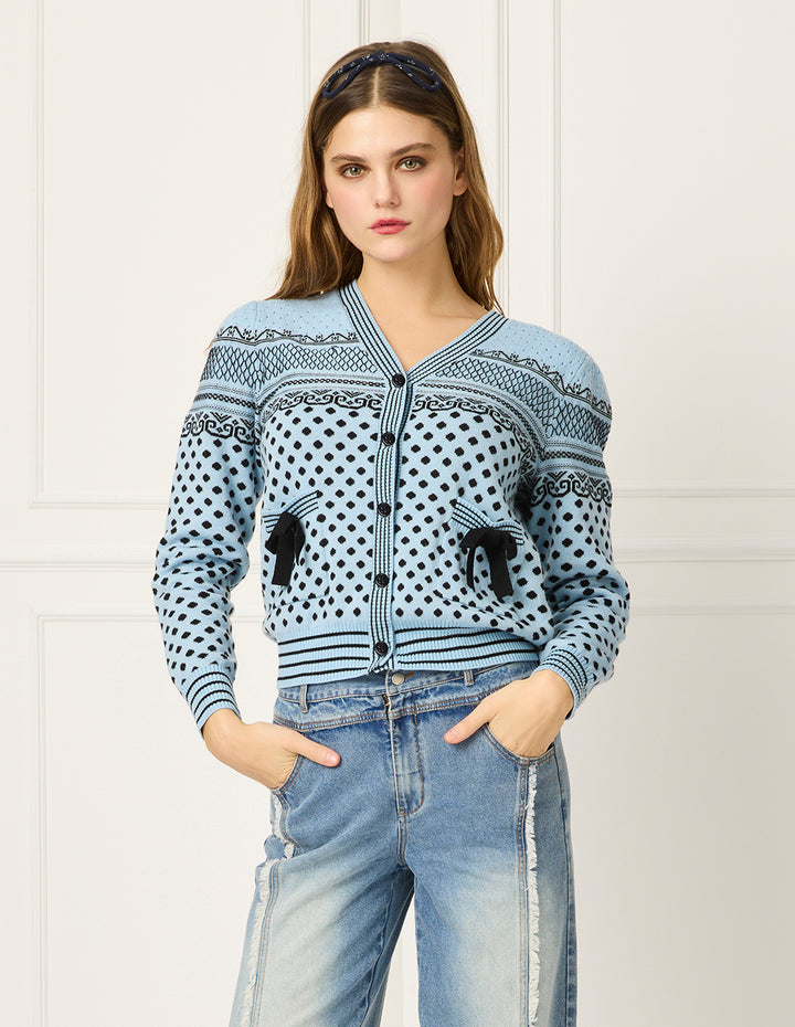 BORA AKSU Polka Dot V-Neck Jacquard Wool Cardigan