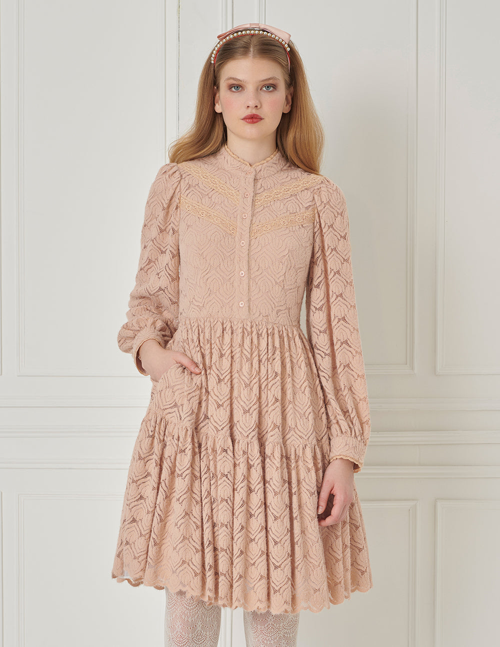 BORA AKSU Puff Sleeve Ruffled Lace Midi Dress