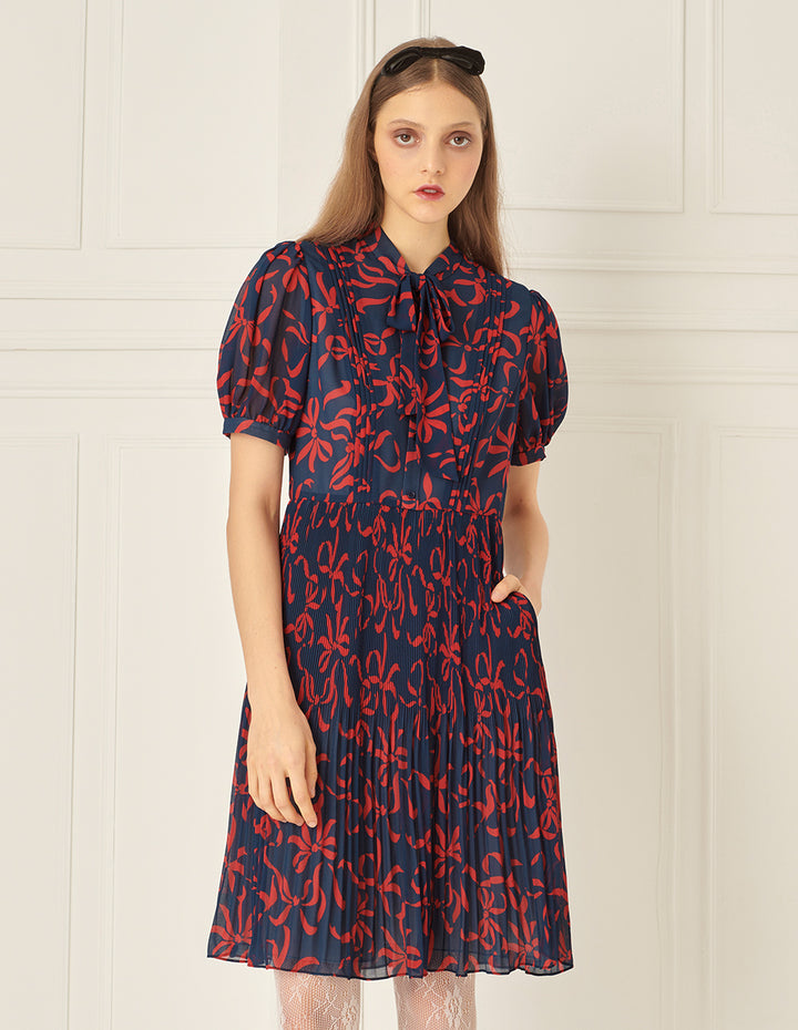 BORA AKSU French Float Neck Pleated Print Dress