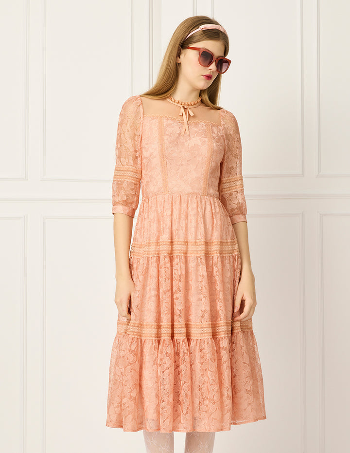 BORA AKSU Ruffled Round Neck Puff Short Sleeve Sheer Lace Hollow-Out Prairie Midi Dress