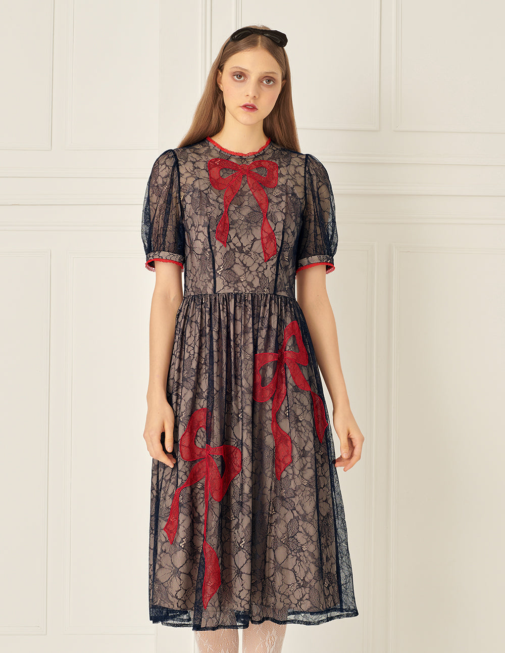 BORA AKSU Puff Sleeve Bow Embroidered Lace Dress