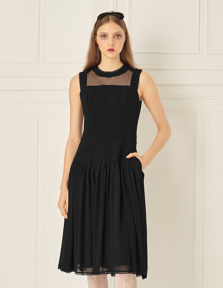 BORA AKSU Mesh Patchwork Lace Embellished Little Black Dress