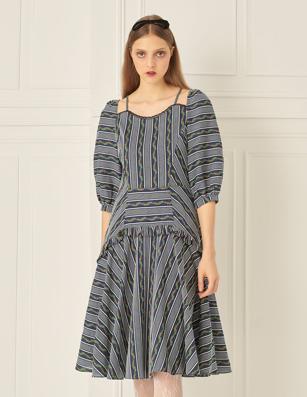 BORA AKSU Off-The-Shoulder Pleated Striped Print Dress