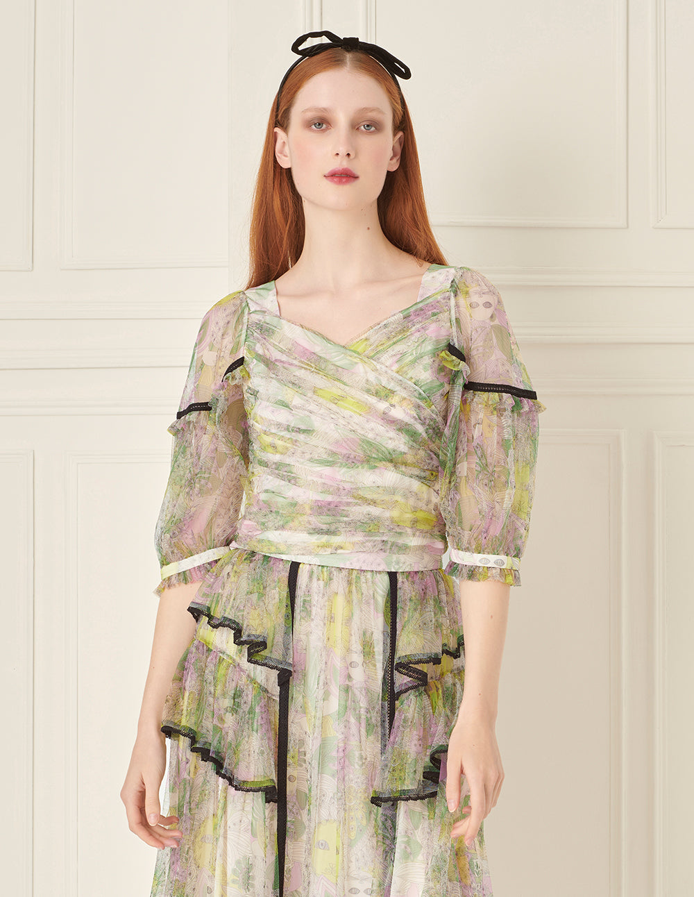 BORA AKSU Puff Sleeve Crossover Collar Printed Mesh Top