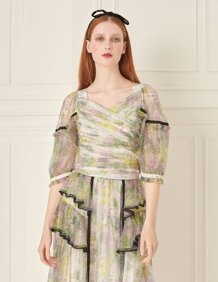 BORA AKSU Puff Sleeve Crossover Collar Printed Mesh Top