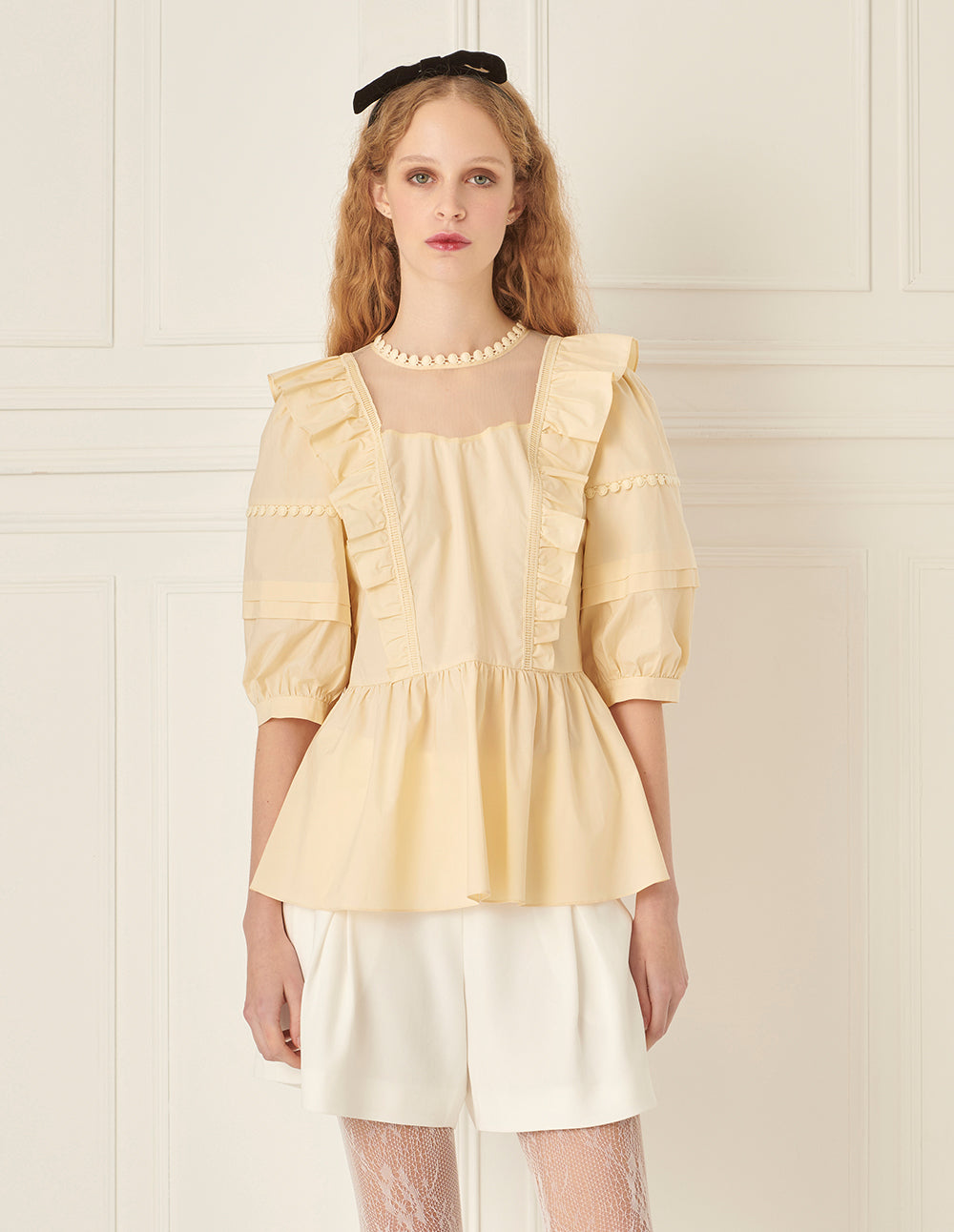 BORA AKSU Puff Sleeve Mesh Collar Patchwork Top