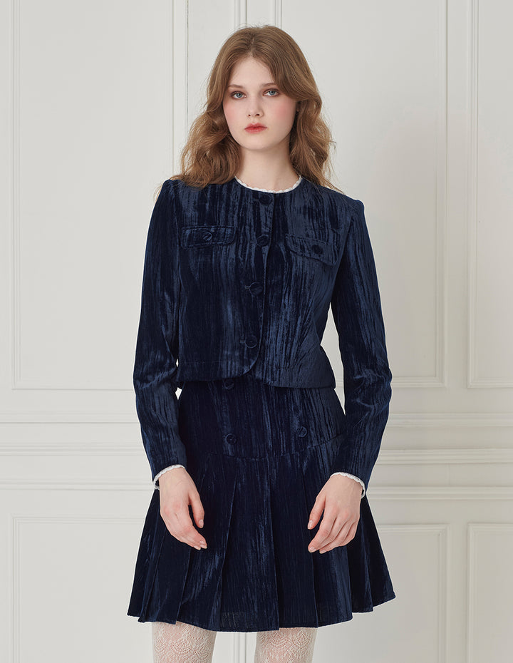 BORA AKSU Ruffled Round-Neck Cropped Velvet Jacket