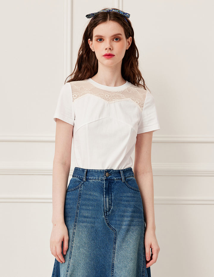 BORA AKSU Sheer Lace Round Neck Short Sleeve Tee