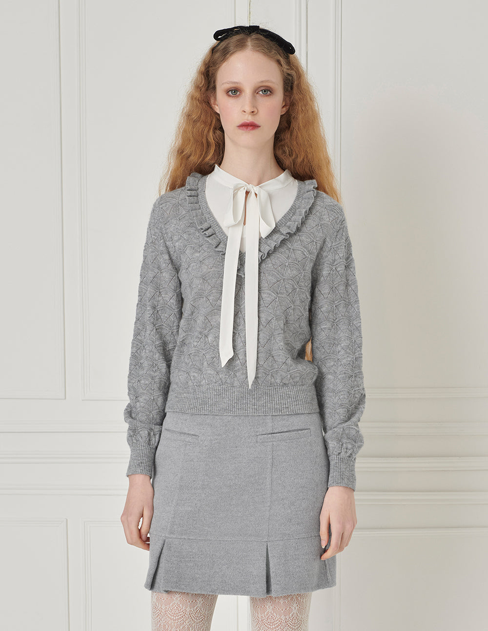 BORA AKSU Tie-Up Collar Ruffled Patchwork Knitted Sweater