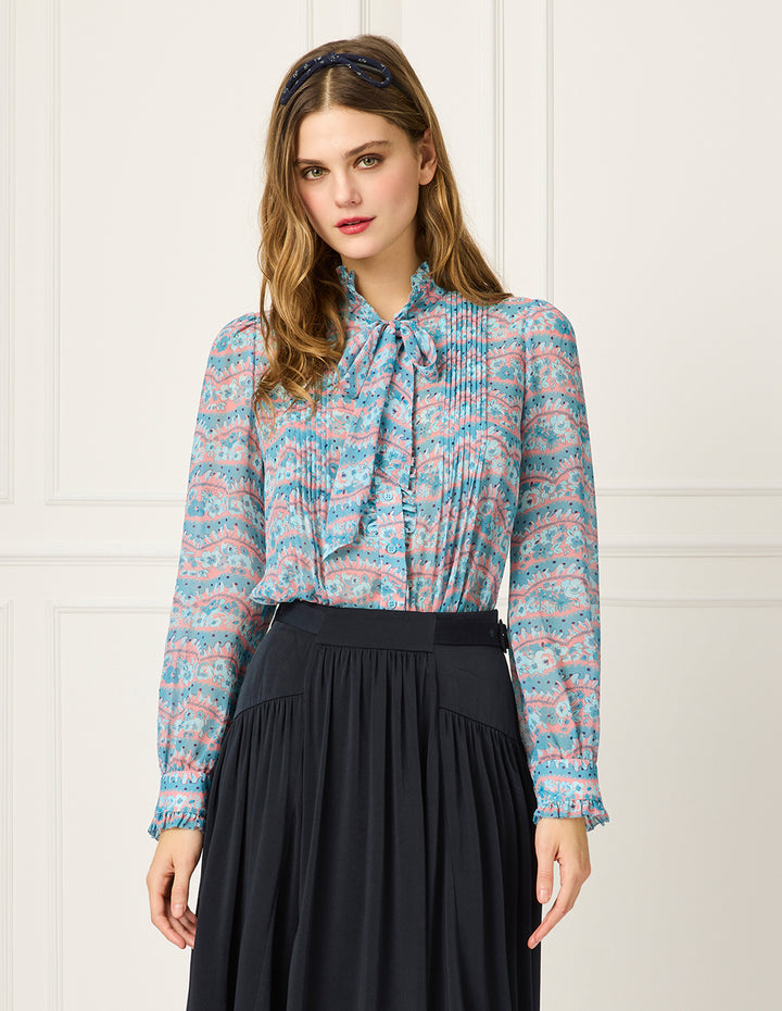 BORA AKSU Tie-Collar Puff Long Sleeve Printed Pin Tuck Blouse