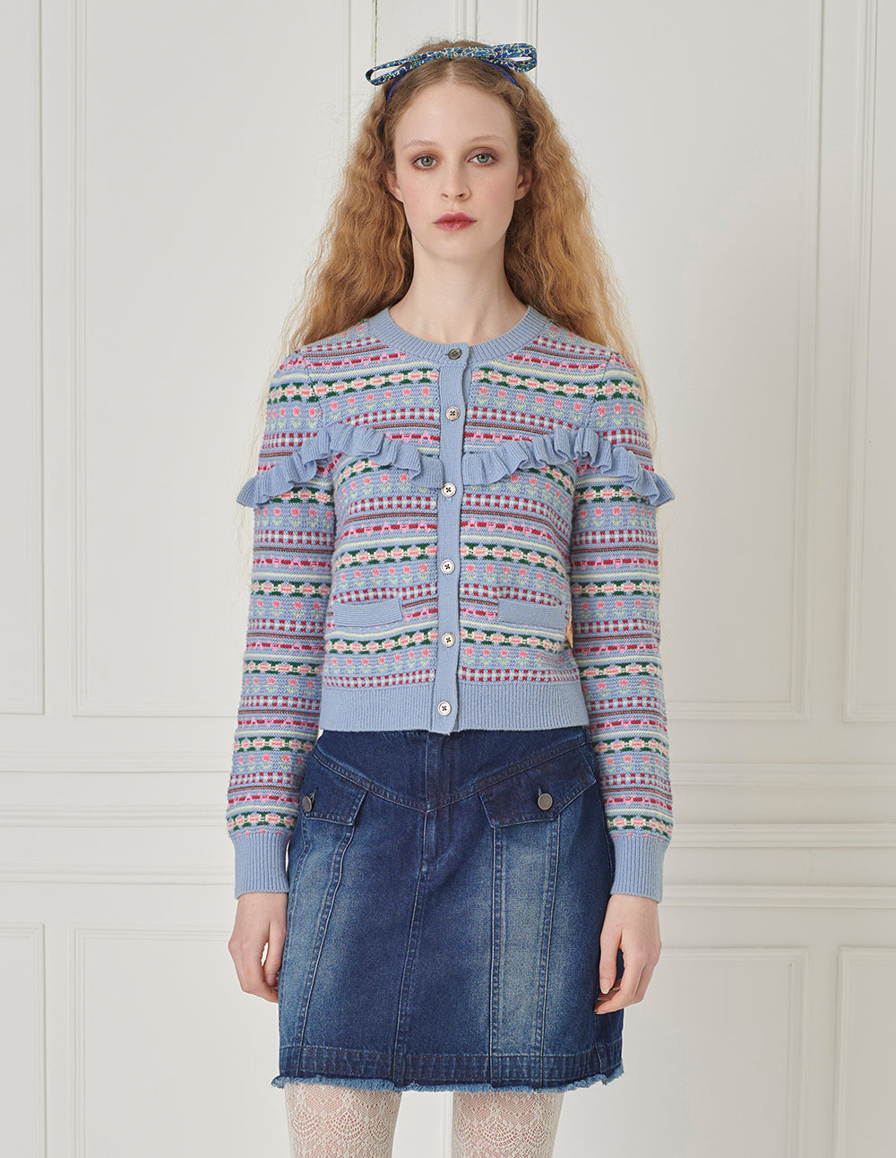 BORA AKSU Fair Isle jacquard crew neck ruffled knitted cardigan