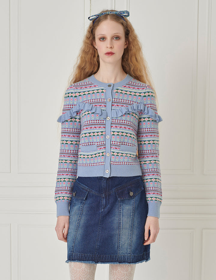 BORA AKSU Fair Isle jacquard crew neck ruffled knitted cardigan
