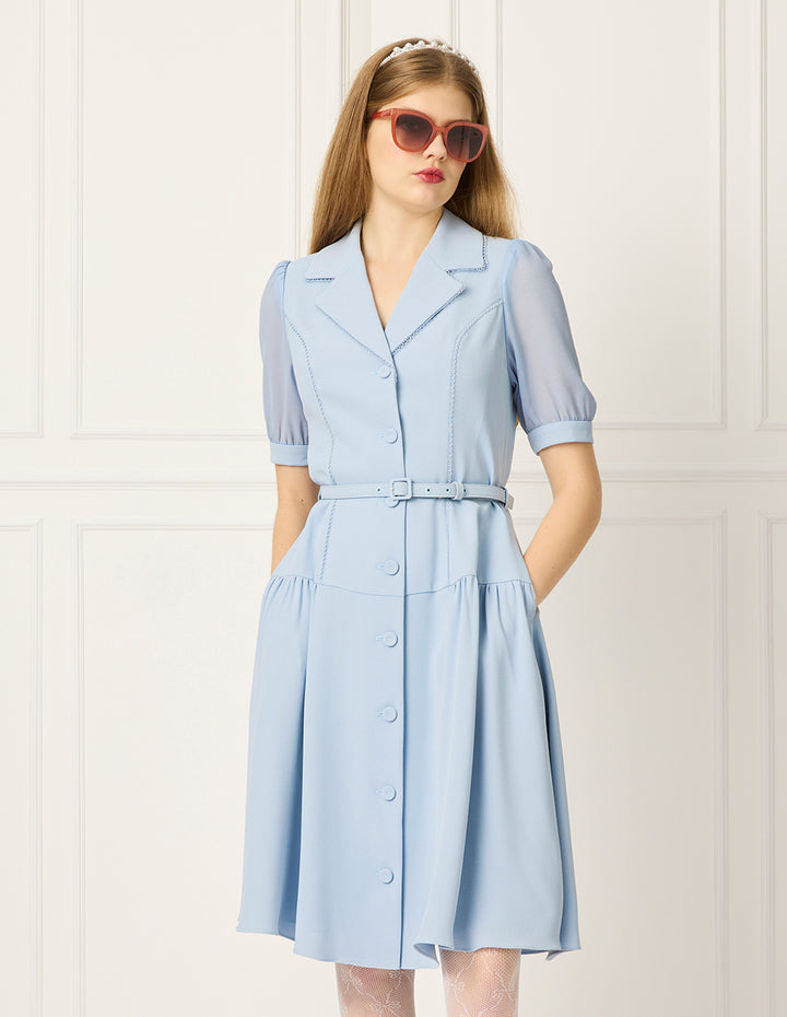 BORA AKSU Peaked Lapel Puff Short-Sleeve Single-Breasted Belted Pleated Midi Dress