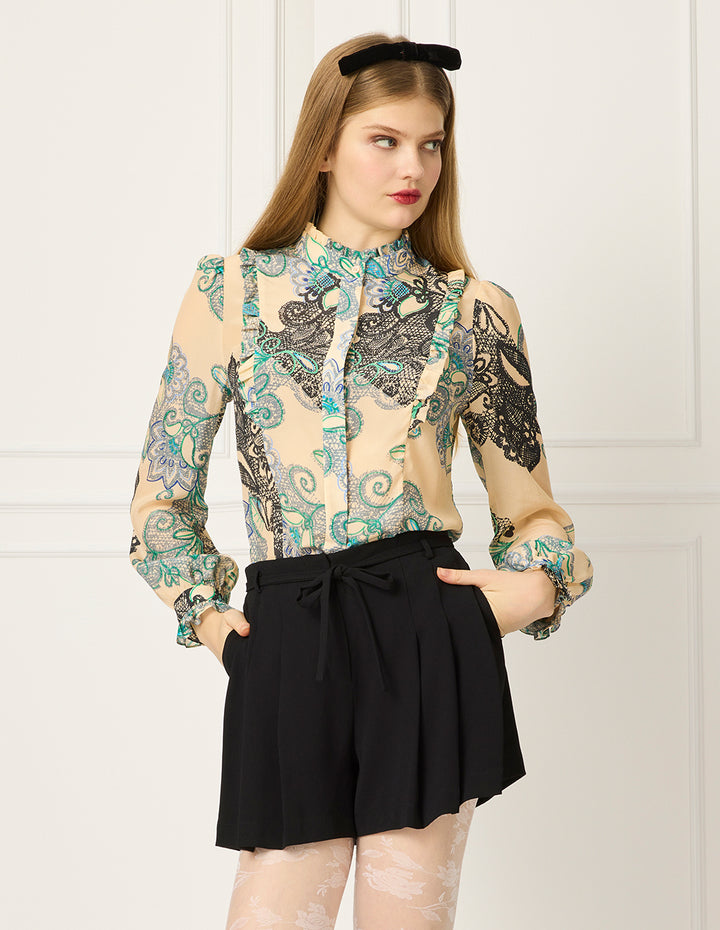 BORA AKSU Ruffled Stand Collar Puff Long Sleeve Floral Lace Printed Blouse