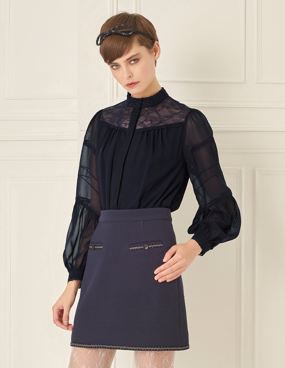 BORA AKSU Stand Collar Puff Sleeve Lace Patchwork Long Sleeve Shirt