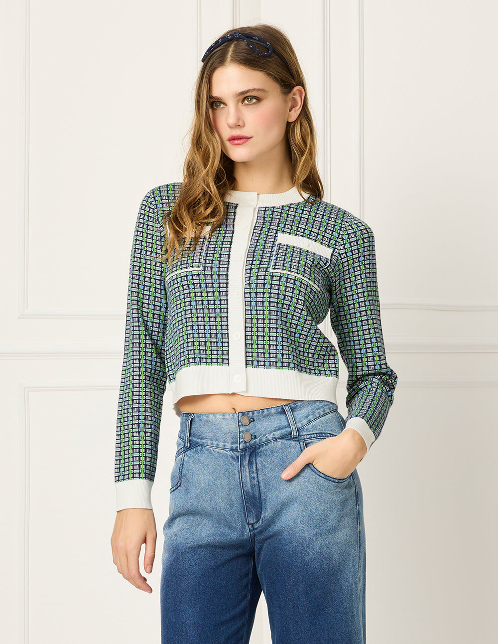 BORA AKSU Round-Neck Long-Sleeve Strip-Trim Plaid Knit Cardigan