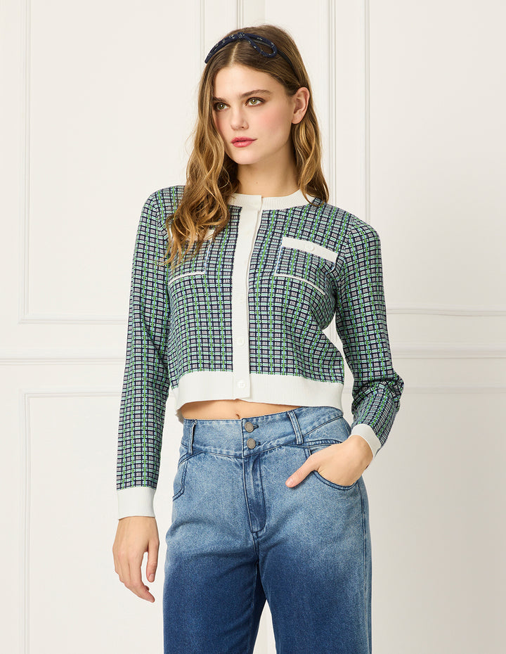 BORA AKSU Round-Neck Long-Sleeve Strip-Trim Plaid Knit Cardigan