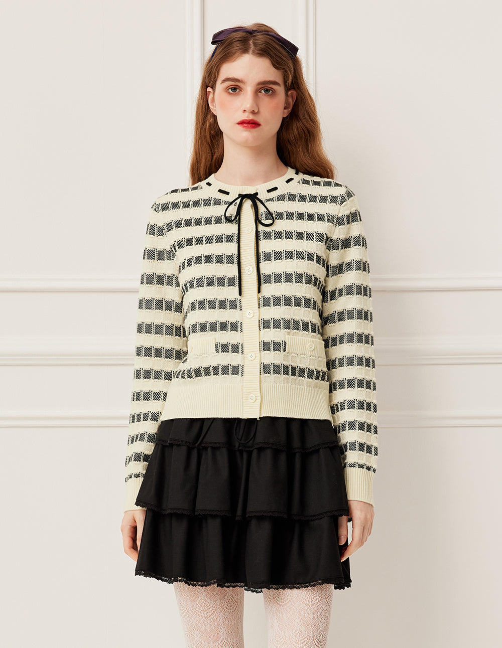 BORA AKSU Round Neck Tie Black & White Check Jacquard Full Wool Cardigan