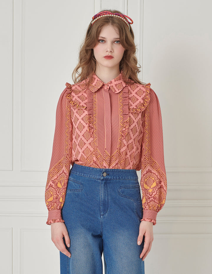 BORA AKSU Bohemian-Printed Blouse With Ruffle Details In Vibrant Pink & Yellow