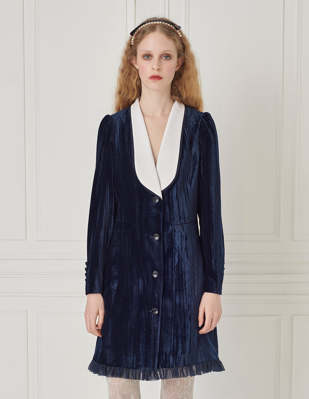 BORA AKSU V-Neck Contrast Velvet Shift Dress