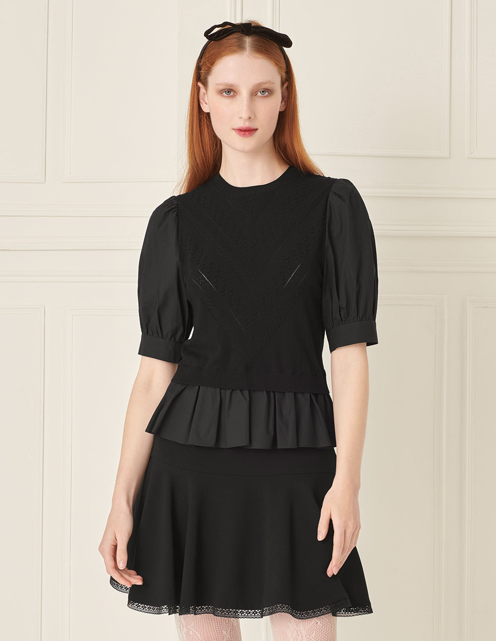 BORA AKSU Puff Sleeve Knitted Short Sleeve Top