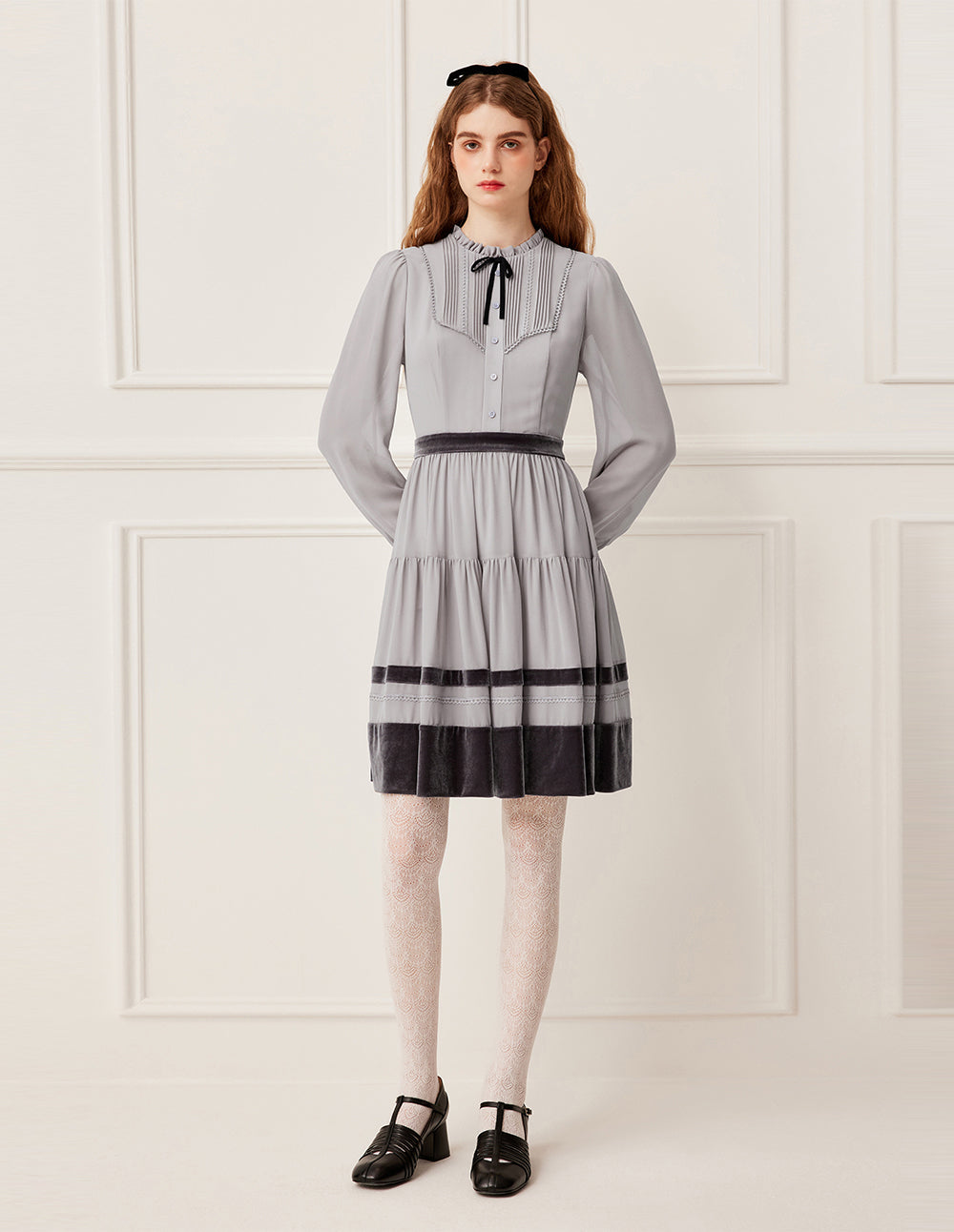 BORA AKSU Ruffled Round Neck Long Sleeve Pin-Tuck Velvet Trimmed Midi Dress