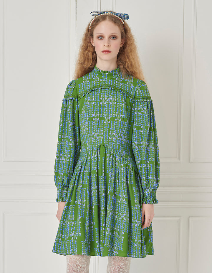 BORA AKSU Retro Ruffle Stand-Collar Long-Sleeve Printed Pleated Midi Dress
