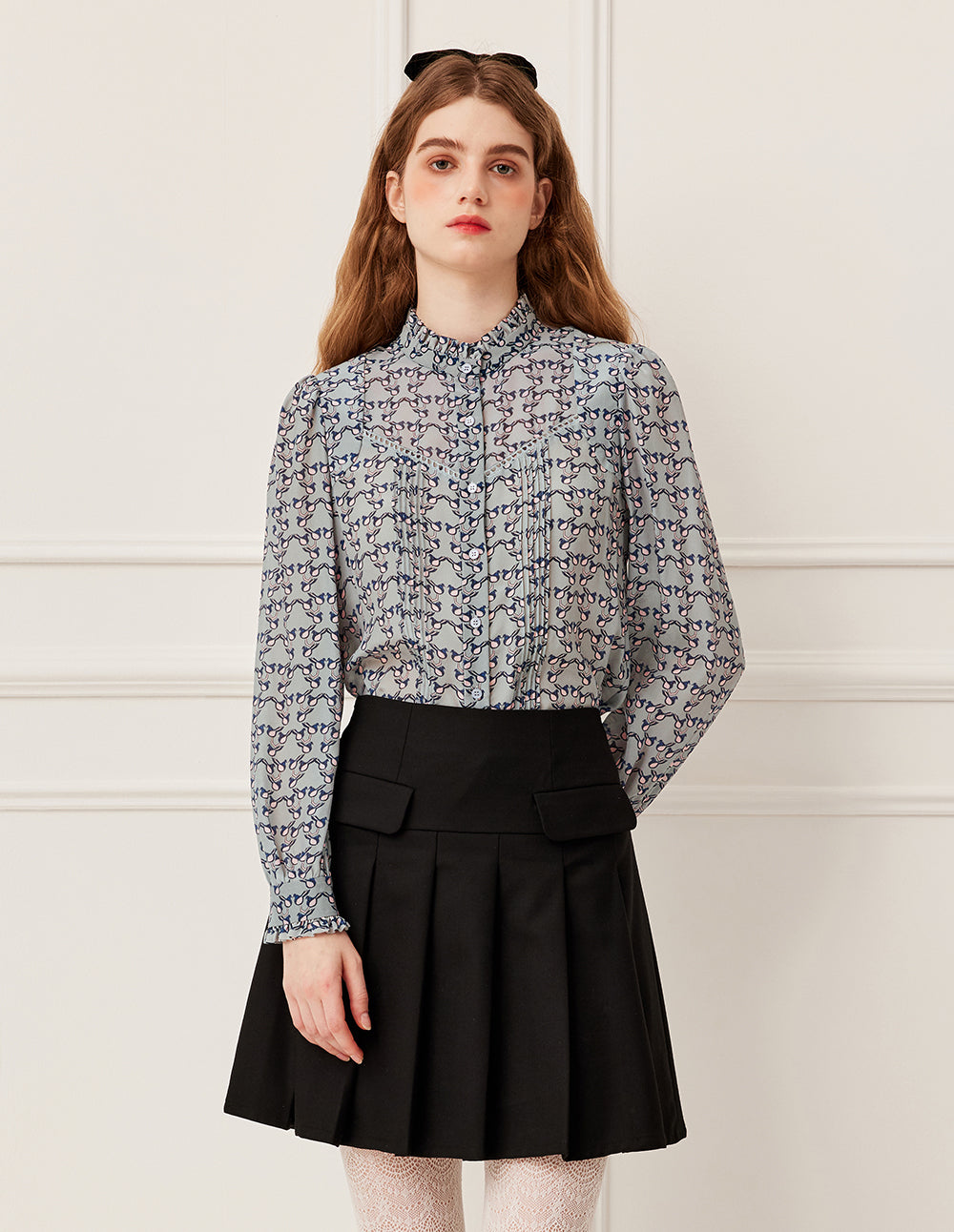 BORA AKSU Ruffled Stand Collar Long Sleeve Pin Tuck Floral Print Silk Blouse