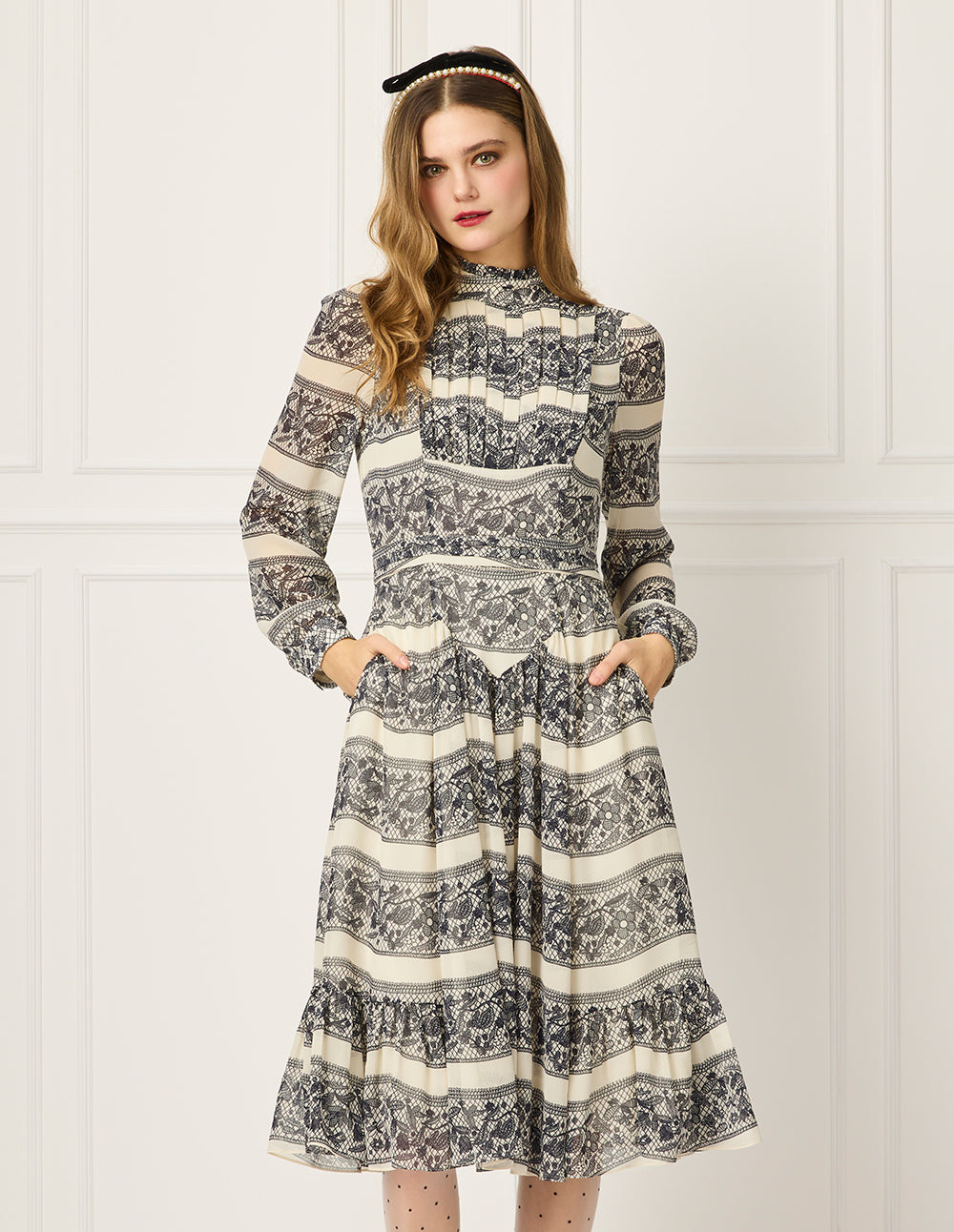 BORA AKSU Ruffle Stand Collar Pin-Tuck Lace-Floral Embroidery Print Puff Long-Sleeve Empire-Waist Pleated Midi Dress