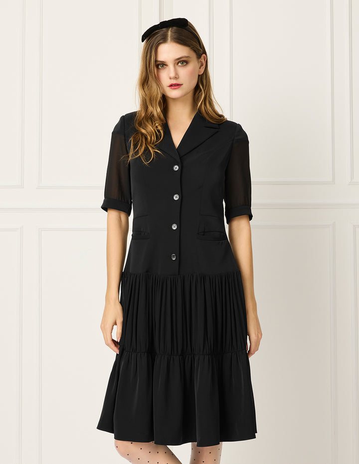BORA AKSU Notch Lapel Single-Breasted See-Through Short Sleeve Pleated Midi Dress