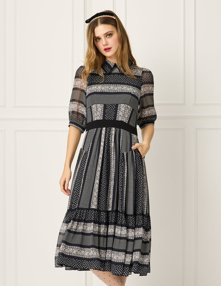 BORA AKSU Peter Pan Collar Puff Sleeve Short-Sleeve Lace Floral Print Pleated Dress