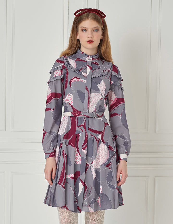 BORA AKSU Stand Collar Ruffled Puff Sleeves Abstract-Print Dress