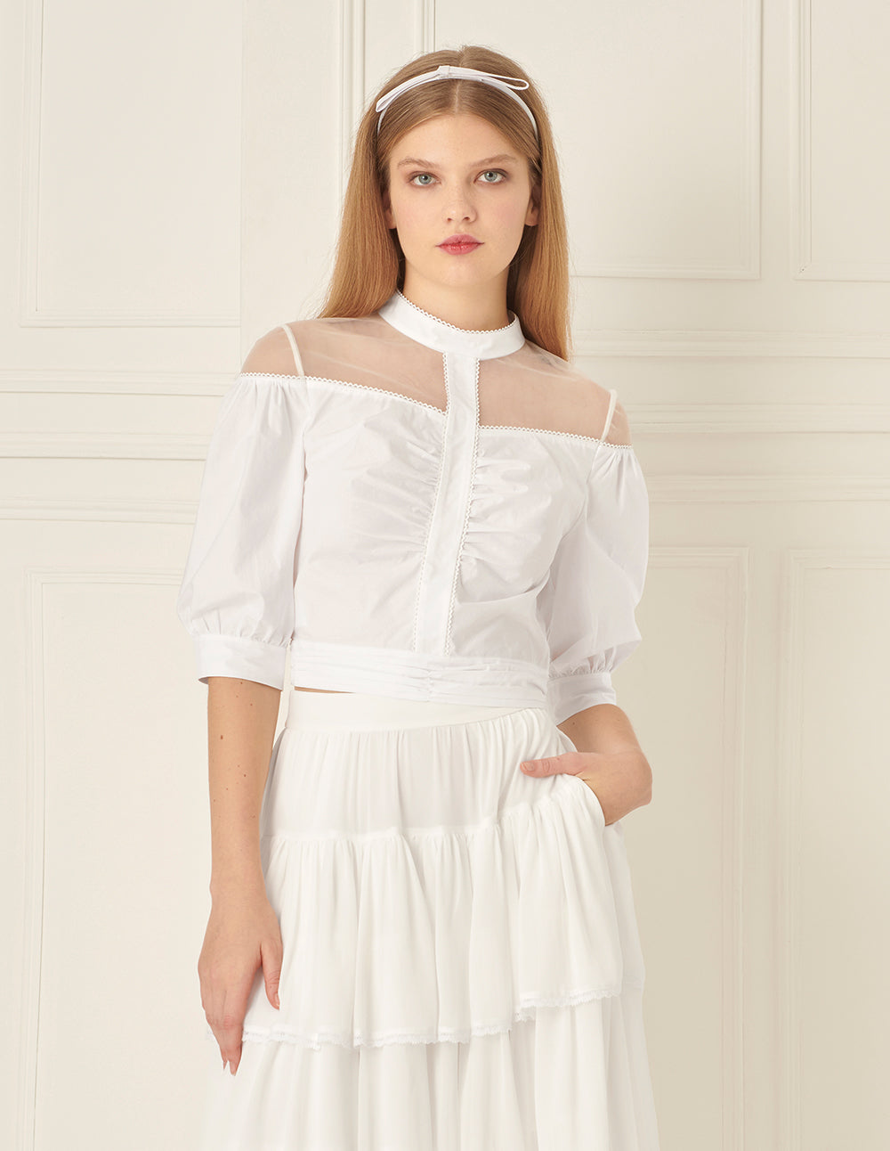 BORA AKSU Puff-Sleeved Mesh Pleated Top
