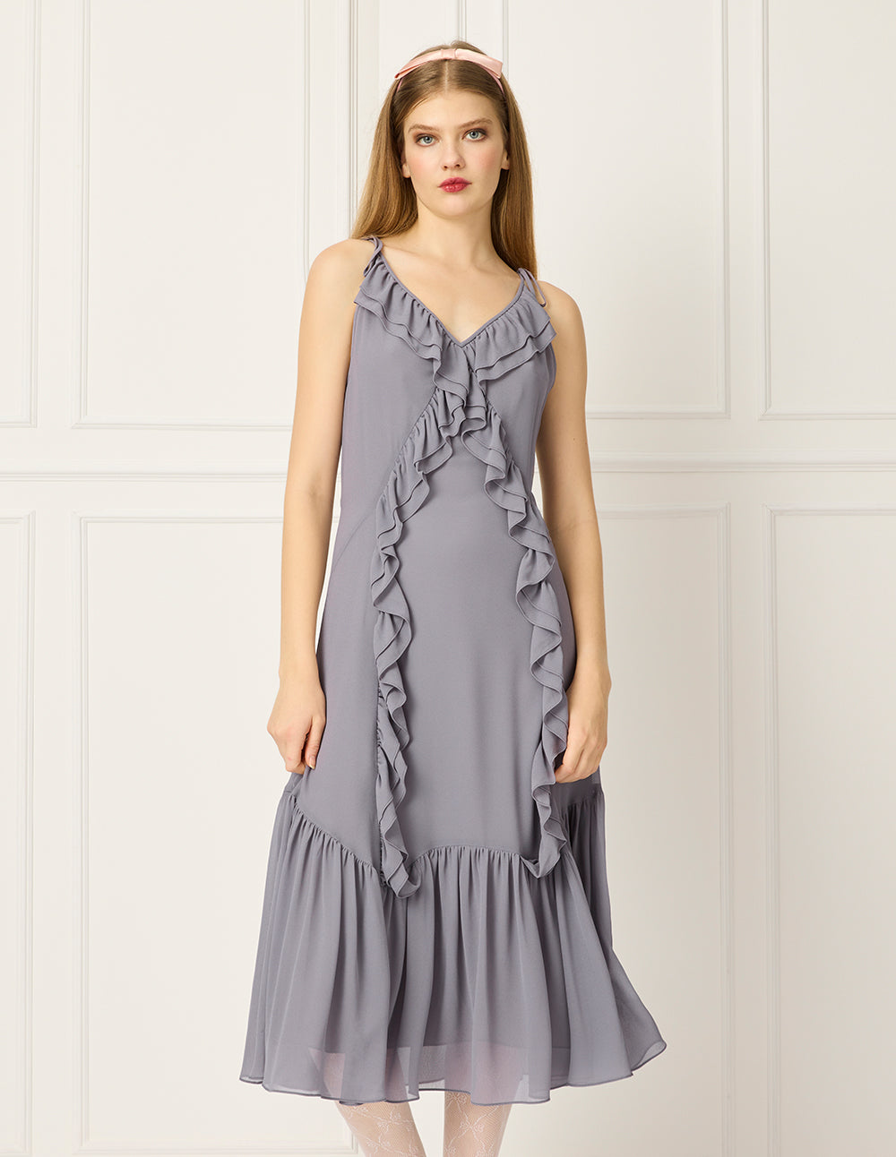 BORA AKSU V-Neck Sleeveless Ruffled-Trim Strapless Flounce-Hem Midi Dress